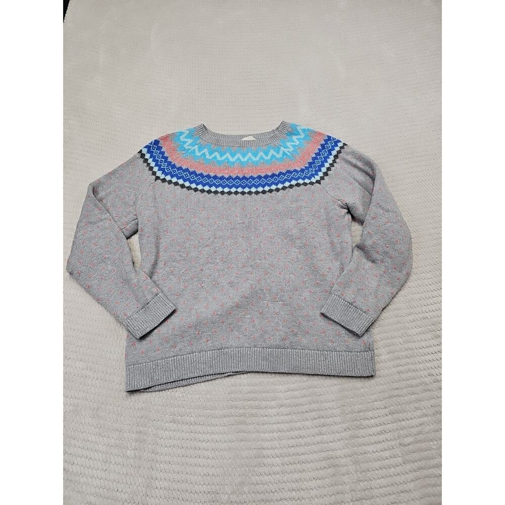 Talbots Gray Sweatshirt Sweater with Blue and Pink Fair Isle Yoke